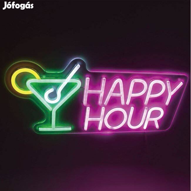 LED Neon lámpa rózsaszín zöld fehér &sárga "Happy Hour" koktél 43x21cm