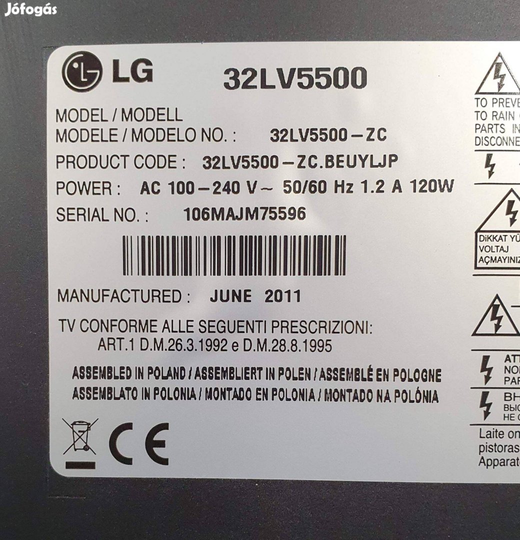 LG 32LV5500 LED LCD tv hibás , nem kapcsol be alkatrésznek 9 999 Ft