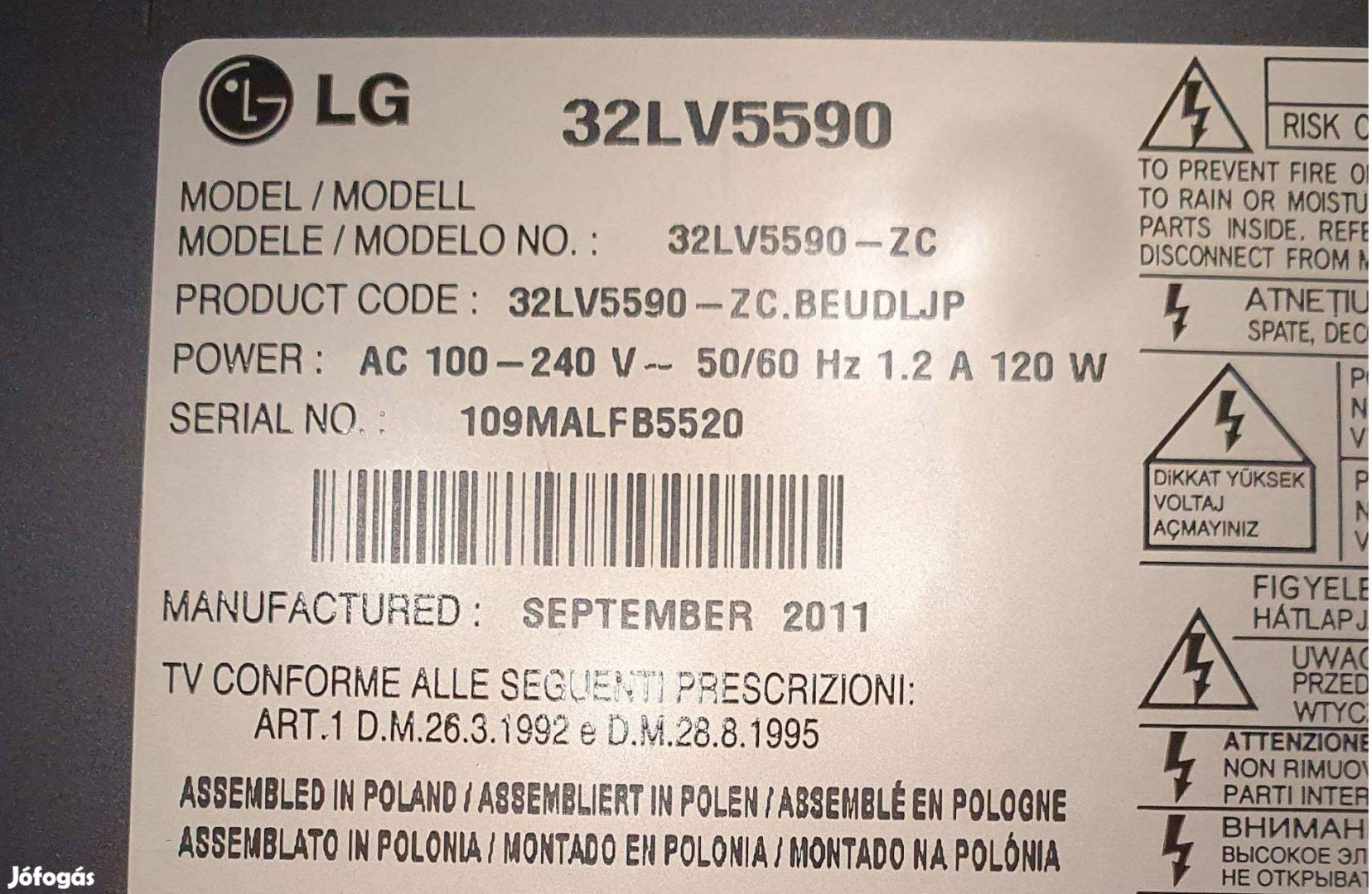 LG 32LV5590 LED LCD tv hibás,nem kapcsol be alkatrésznek LCD jó