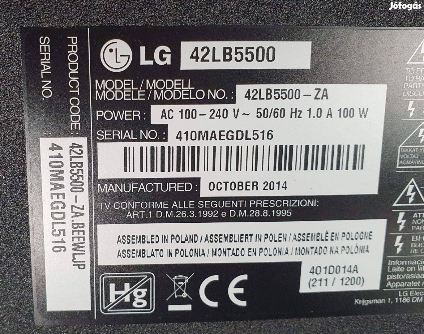 LG 42LB5500 LED LCD tv hibás törött alkatrésznek