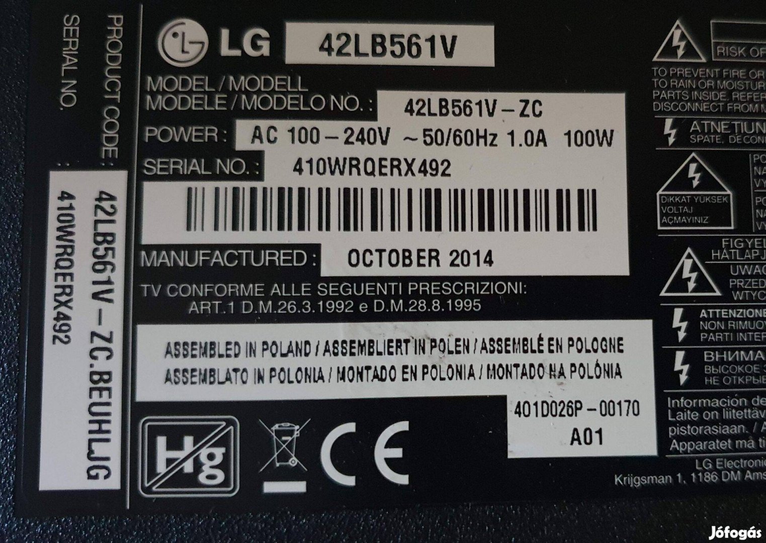 LG 42LB561V LED LCD tv hibás törött alkatrésznek EAX65388006(1.0)