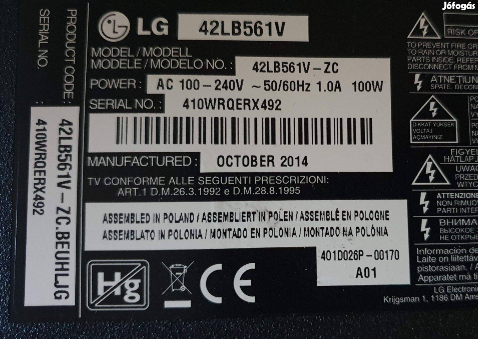 LG 42LB561V LED LCD tv hibás törött alkatrésznek EAX65388006(1.0)