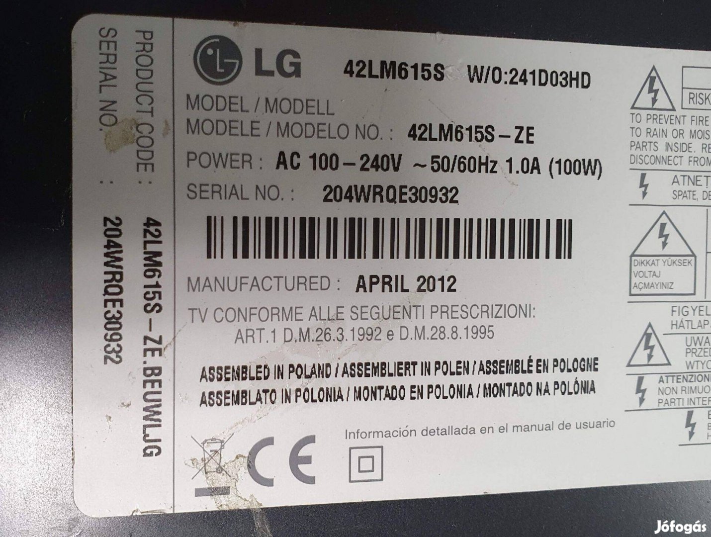 LG 42LM615S LED LCD tv hibás törött alkatrésznek mainboard elkelt!