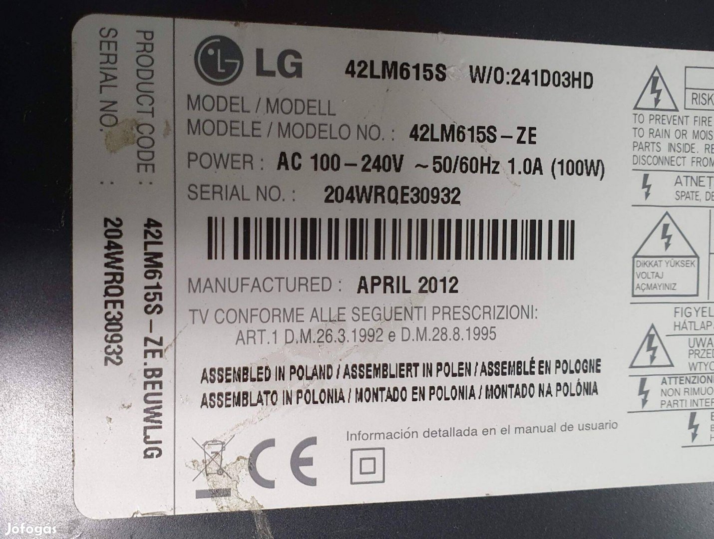 LG 42LM615S LED LCD tv hibás törött alkatrésznek mainboard elkelt!