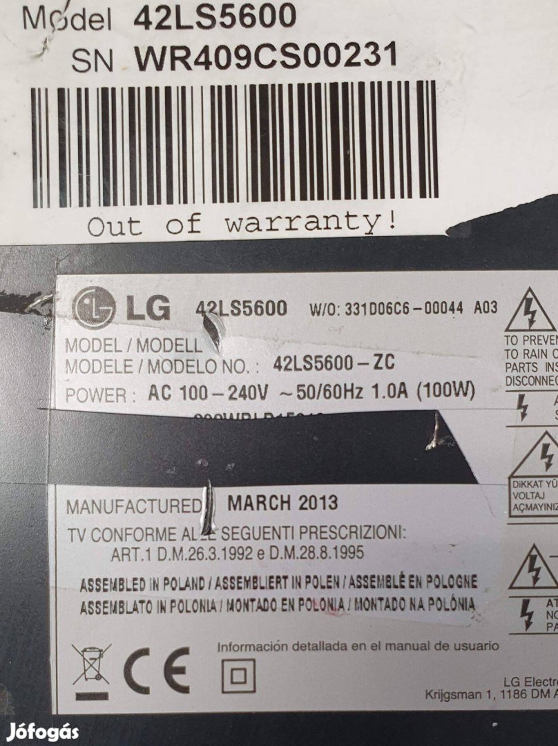 LG 42LS5600 Smart LED LCD tv hibás törött alkatrésznek main elkelt