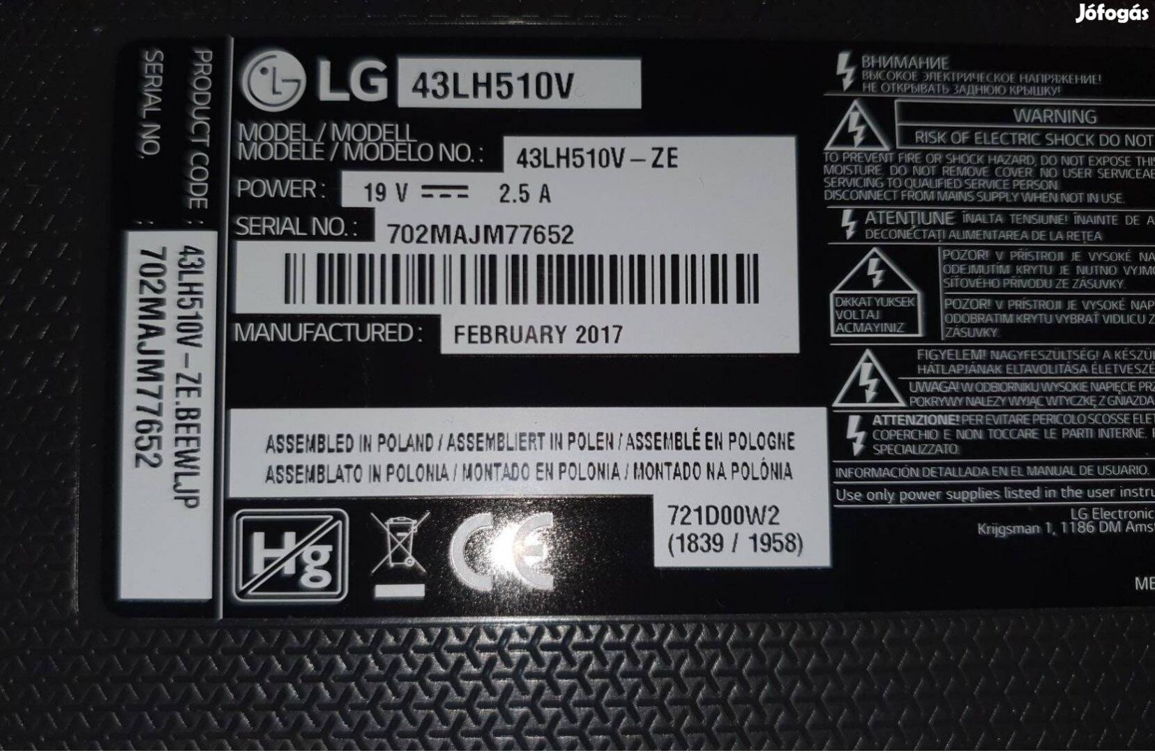 LG 43LH510V LED LCD tv hibás törött 6870C-0532C Mainboard elkelt!