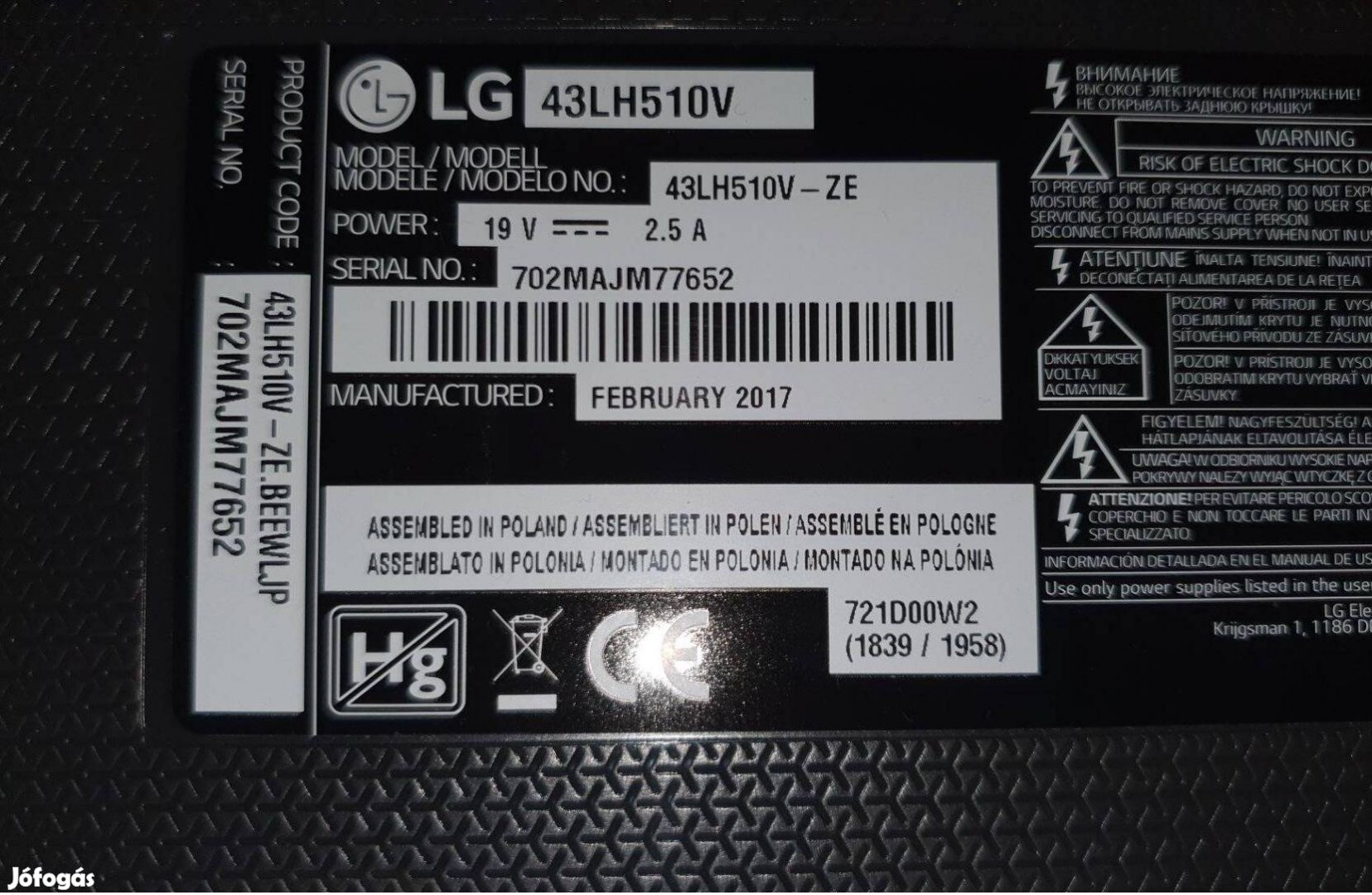 LG 43LH510V LED LCD tv hibás törött 6870C-0532C Mainboard elkelt!