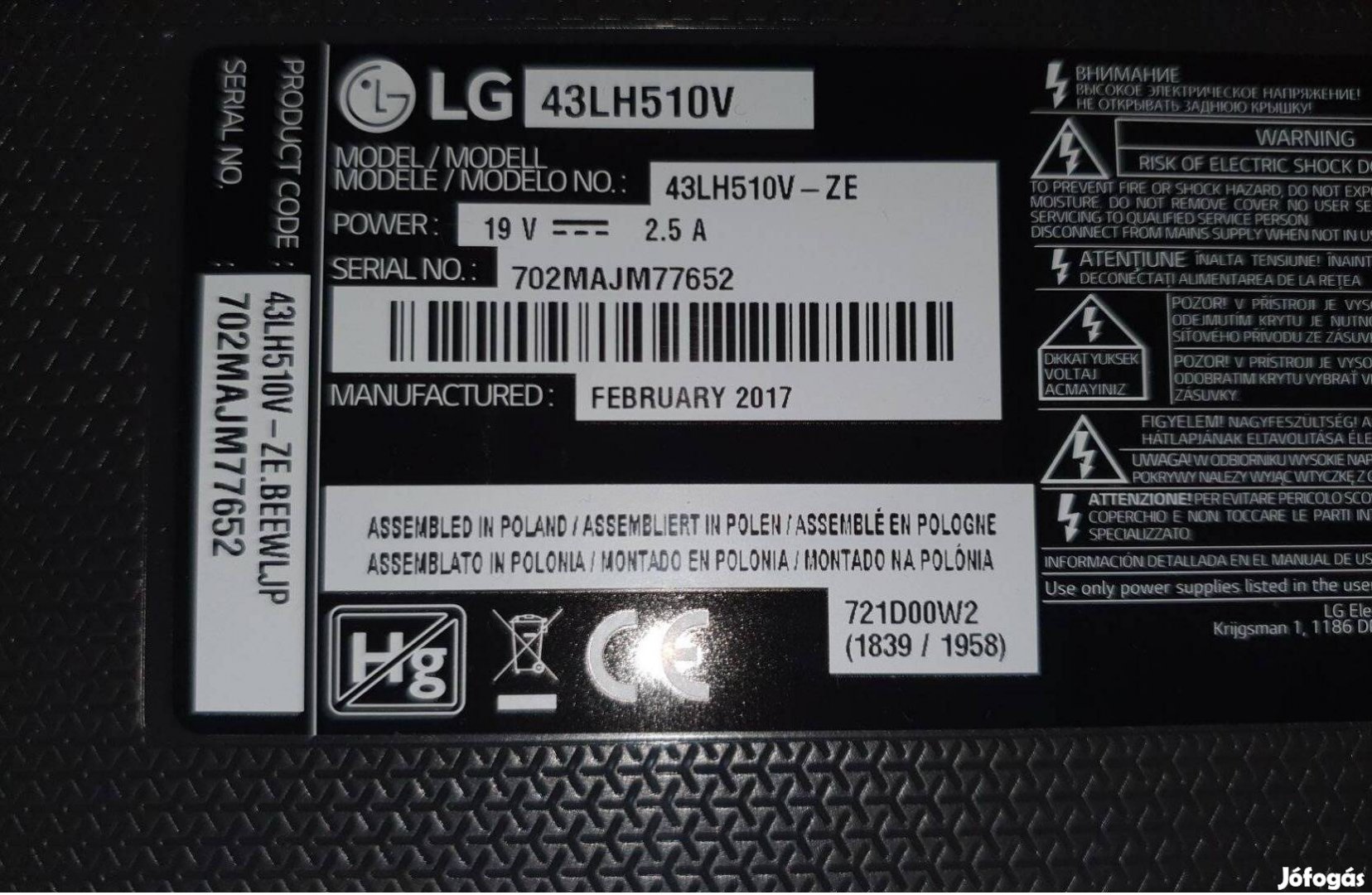 LG 43LH510V LED LCD tv hibás törött alkatrésznek Mainboard elkelt!
