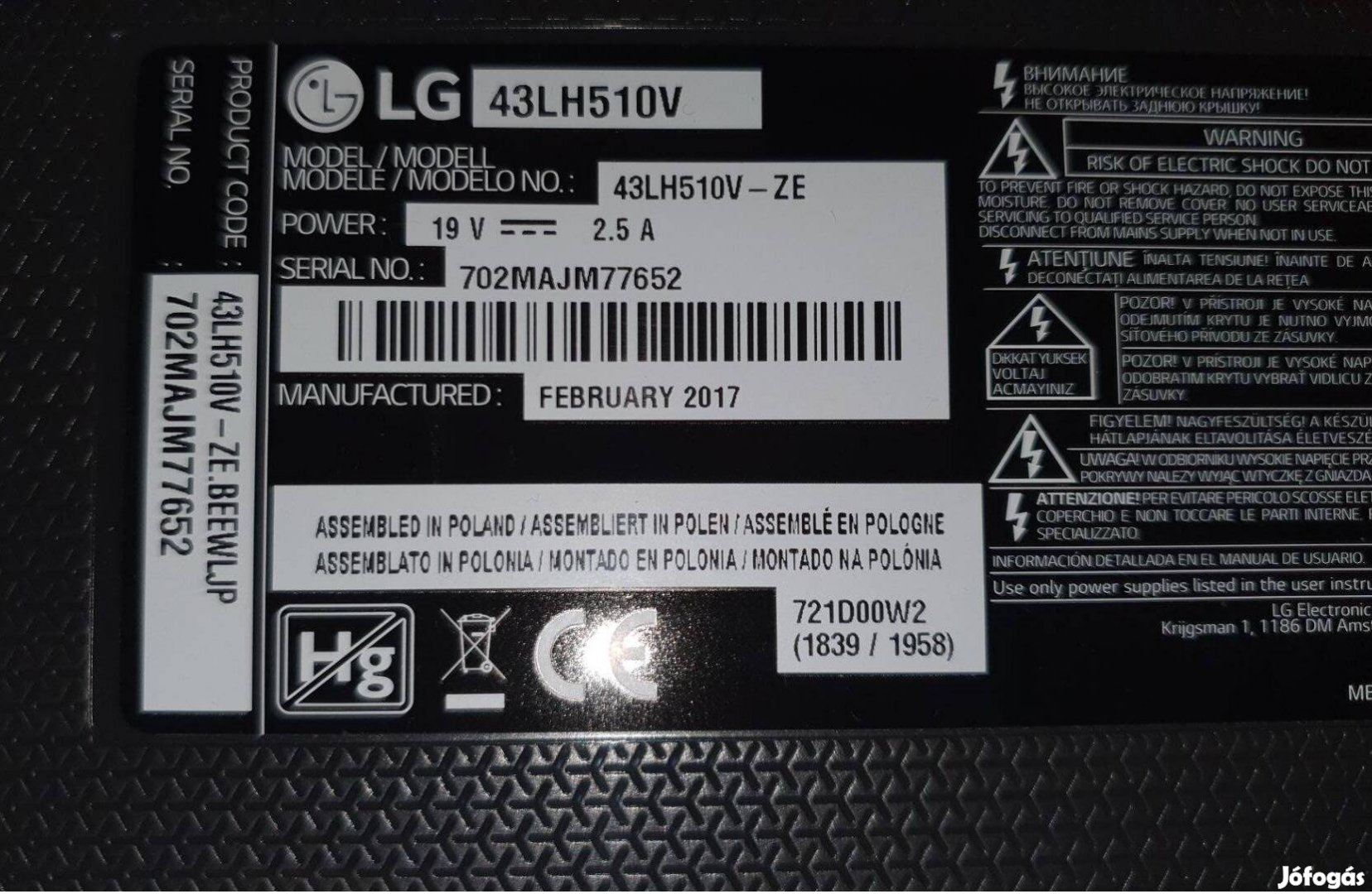 LG 43LH510V LED LCD tv hibás törött alkatrésznek Mainboard elkelt!