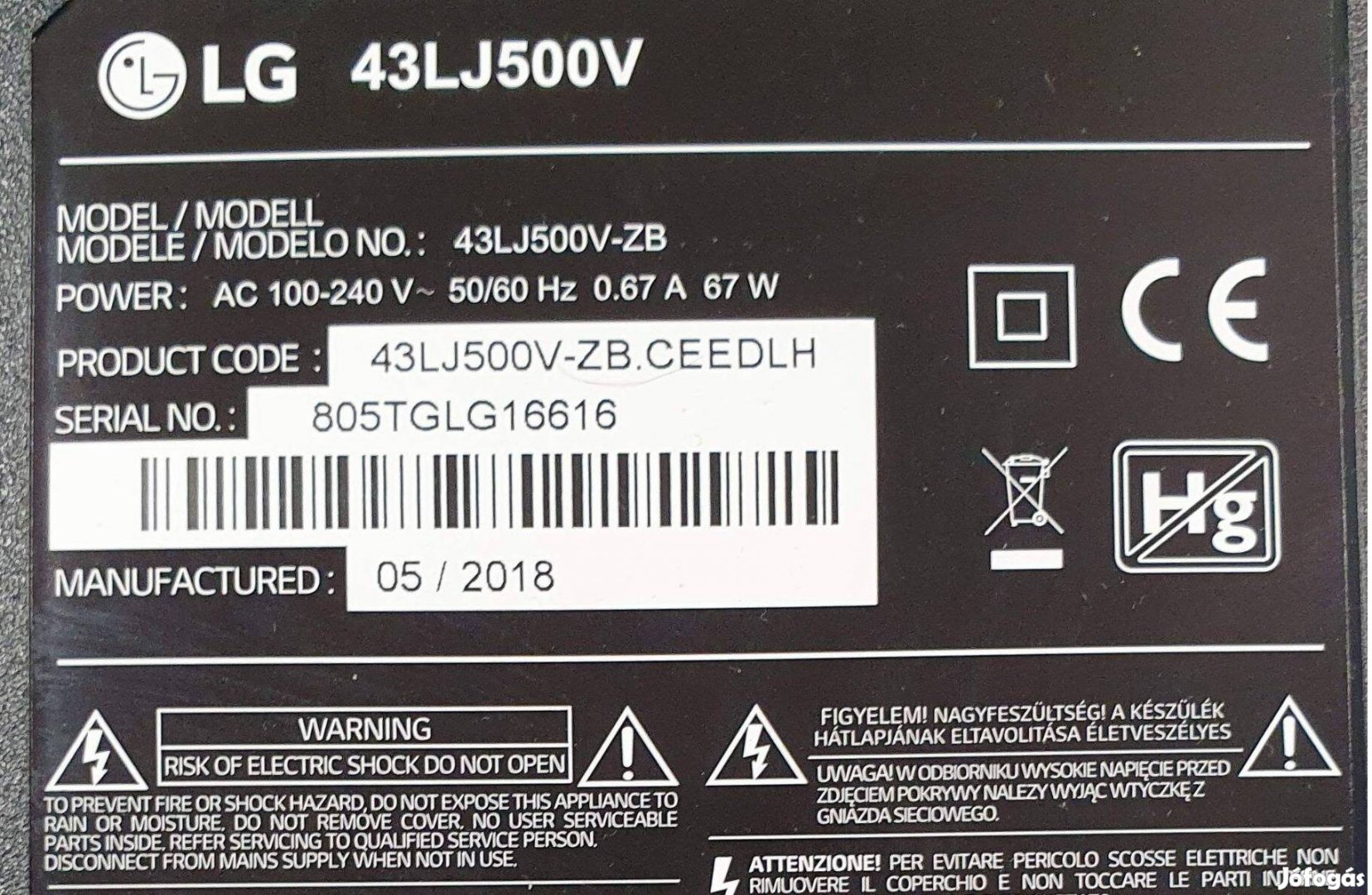 LG 43LJ500V LED LCD tv hibás törött alkatrésznek