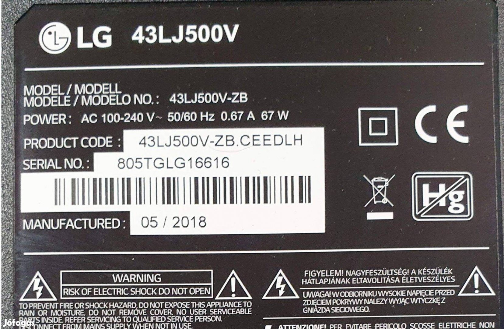 LG 43LJ500V LED LCD tv hibás törött alkatrésznek