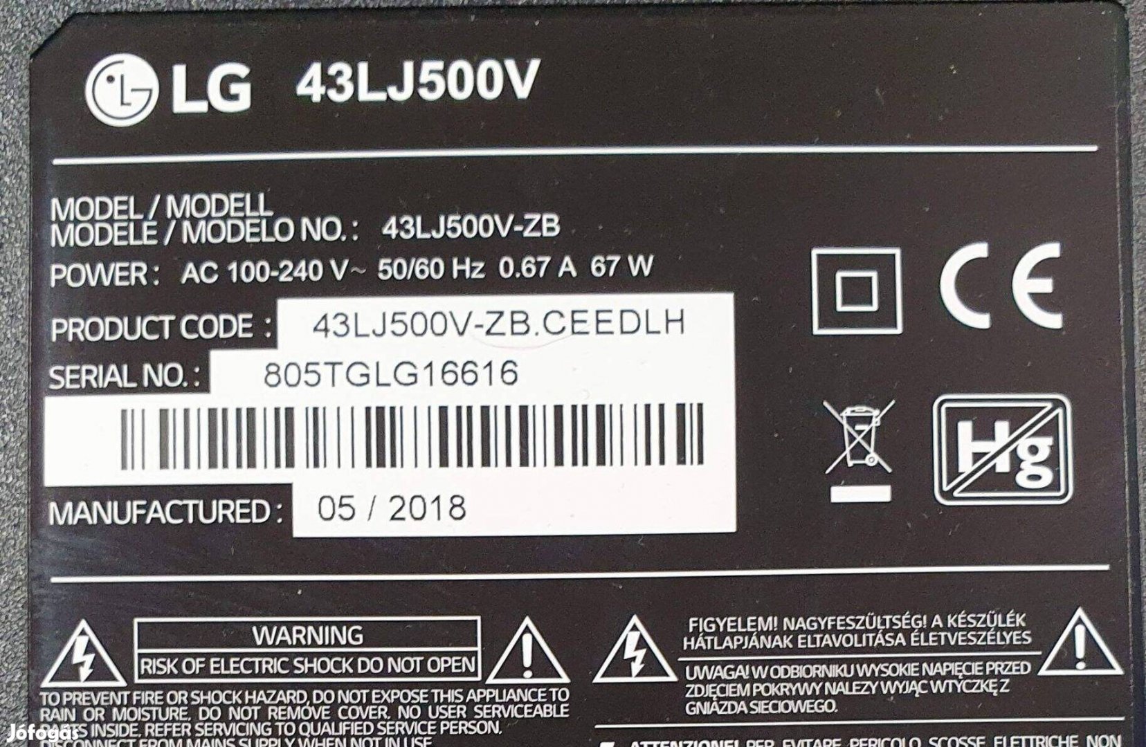 LG 43LJ500V LED LCD tv hibás törött alkatrésznek