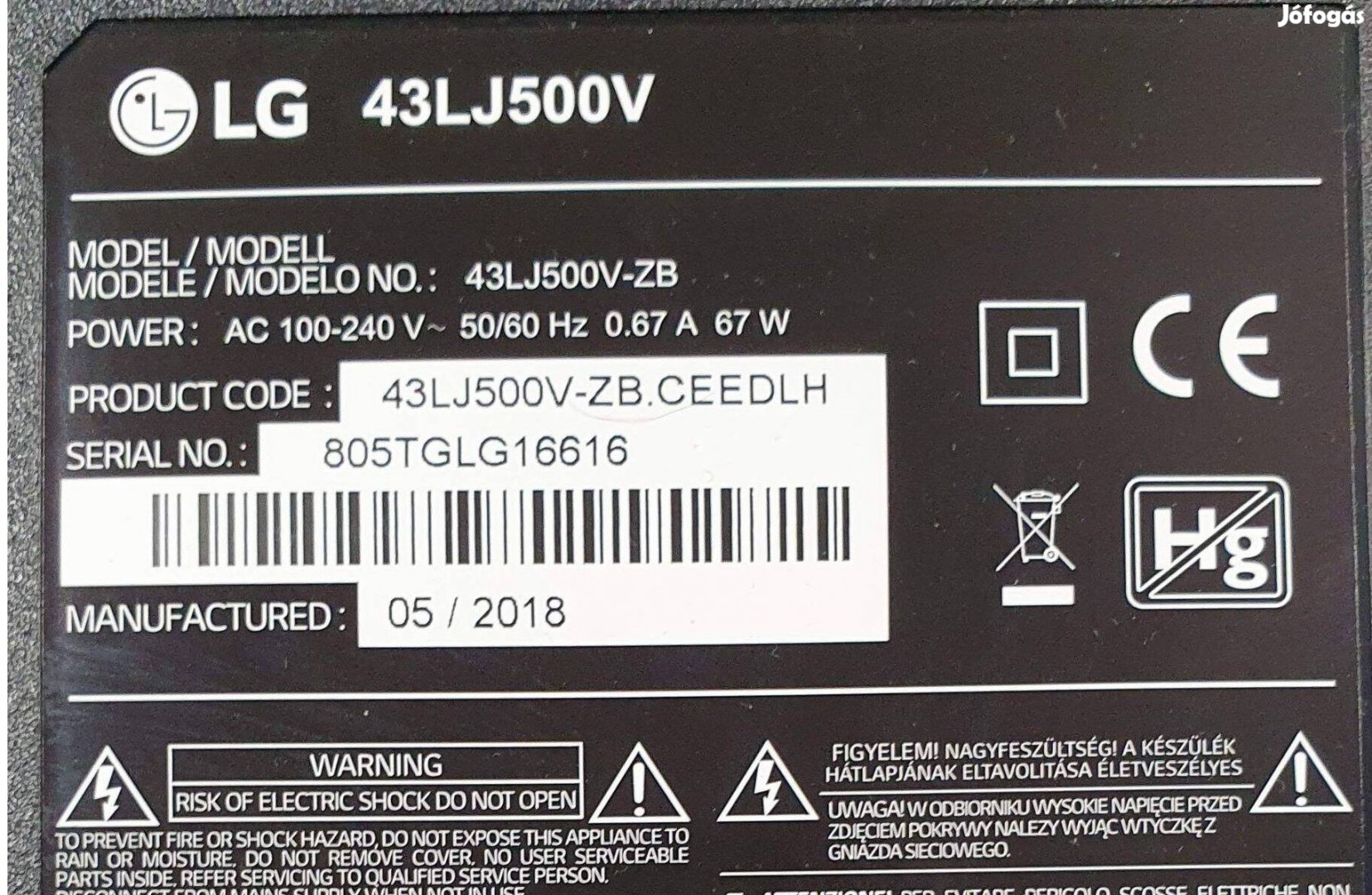 LG 43LJ500V LED LCD tv hibás törött alkatrésznek