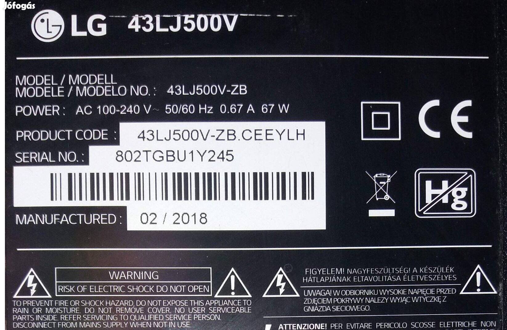 LG 43LJ500V LED LCD tv panelek alkatrésznek háttér main elkelt!
