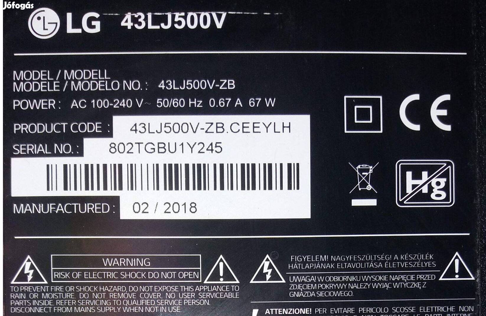 LG 43LJ500V LED LCD tv panelek alkatrésznek háttér main elkelt!