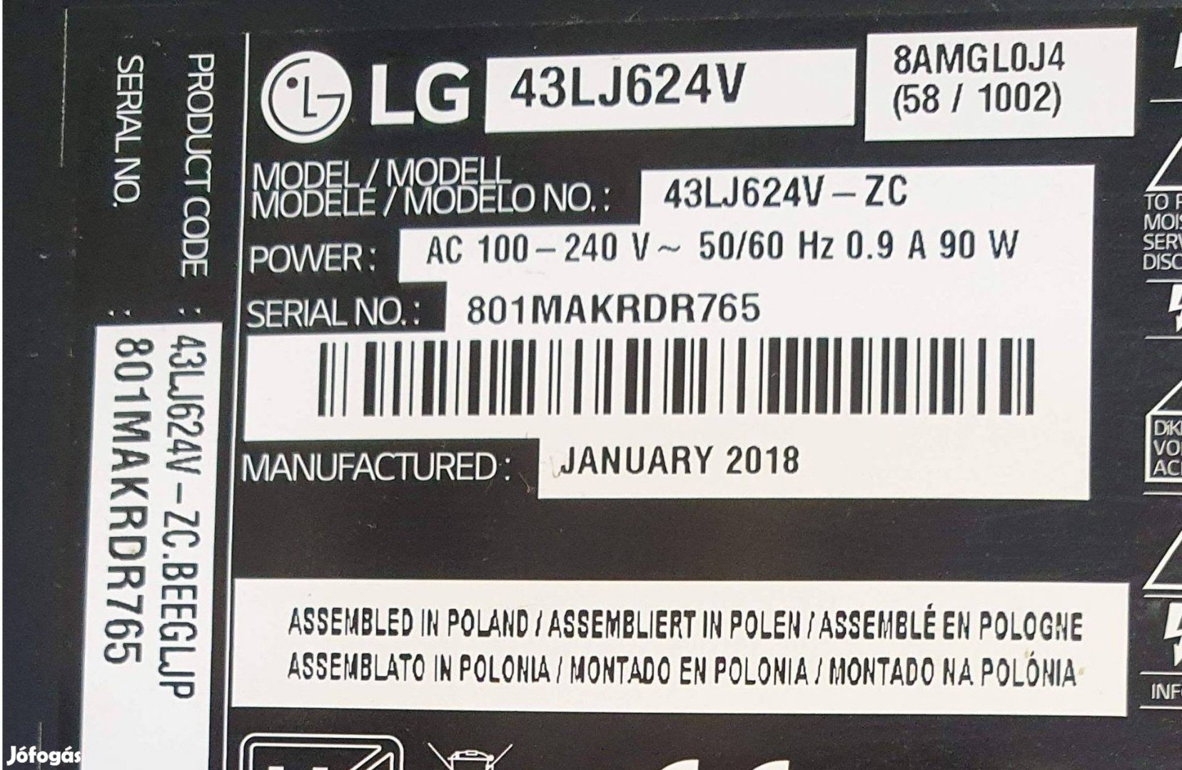 LG 43LJ624V Smart LED LCD tv hibás törött alkatrésznek main elkelt