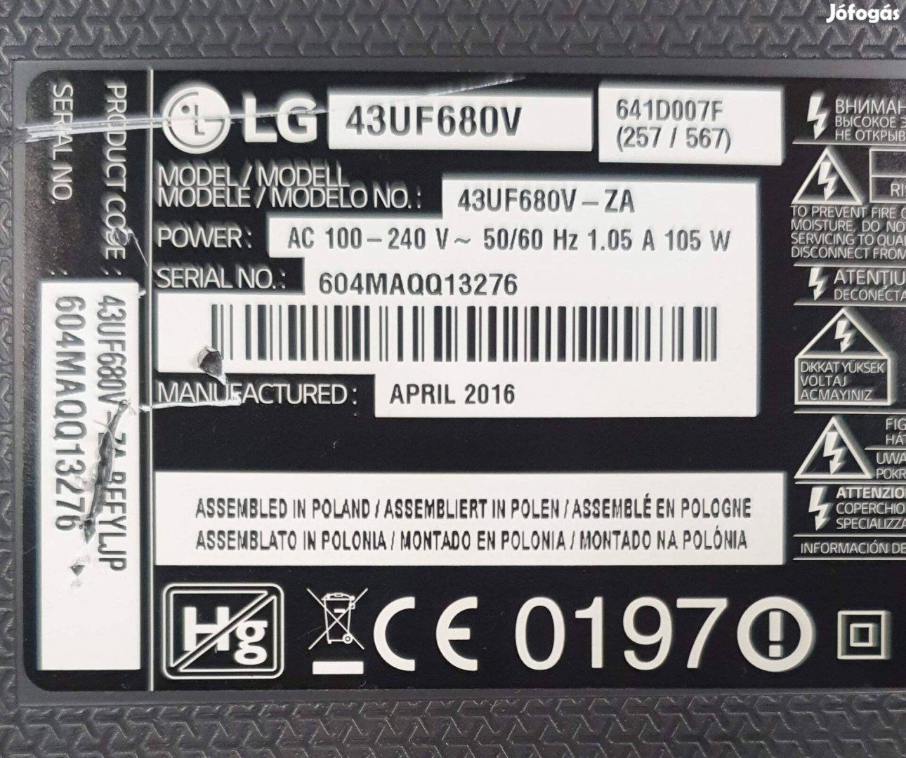 LG 43UF680V LED LCD tv hibás törött alkatrésznek main ,tcon elkelt
