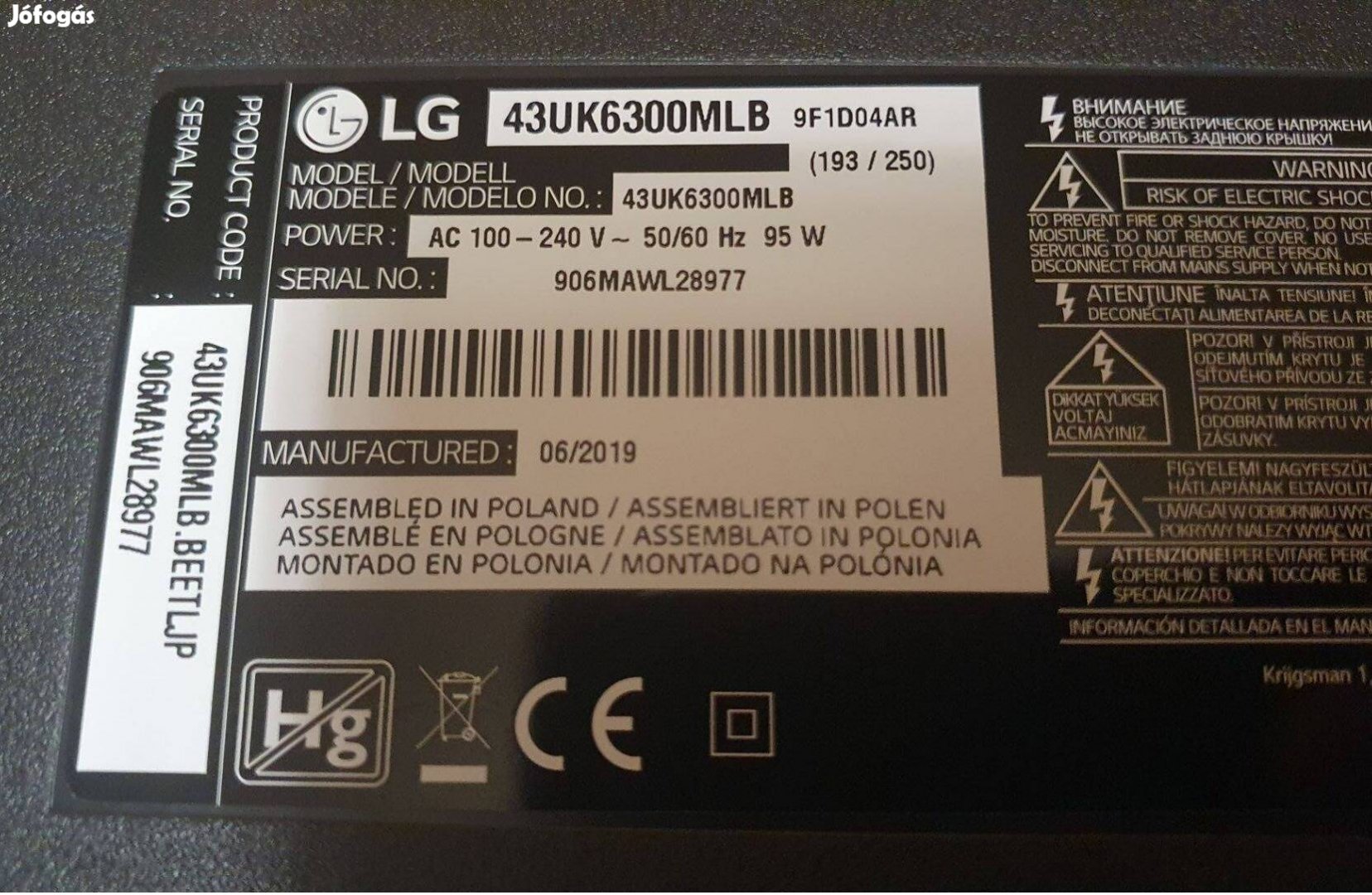 LG 43UK6300MLB LED LCD tv hibás törött alkatrésznek, mainboard elkelt