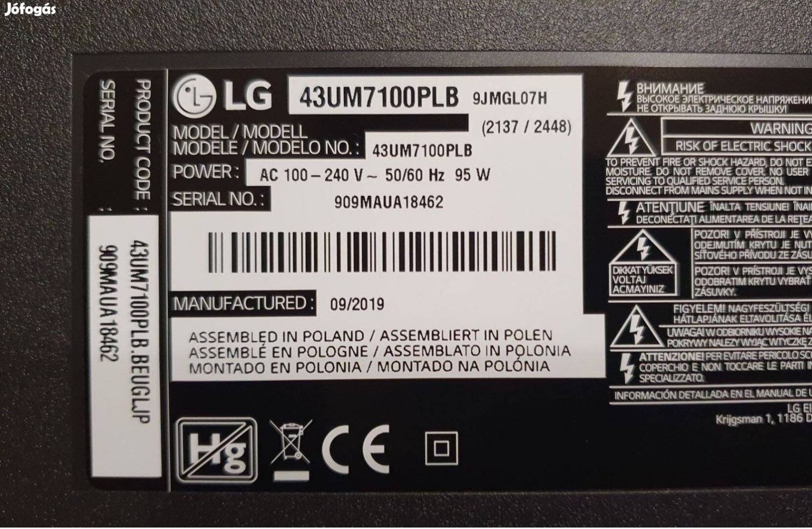 LG 43UM7100PLB LED tv zárlatos kijelző,nem törött! Csak kijelző+háttér