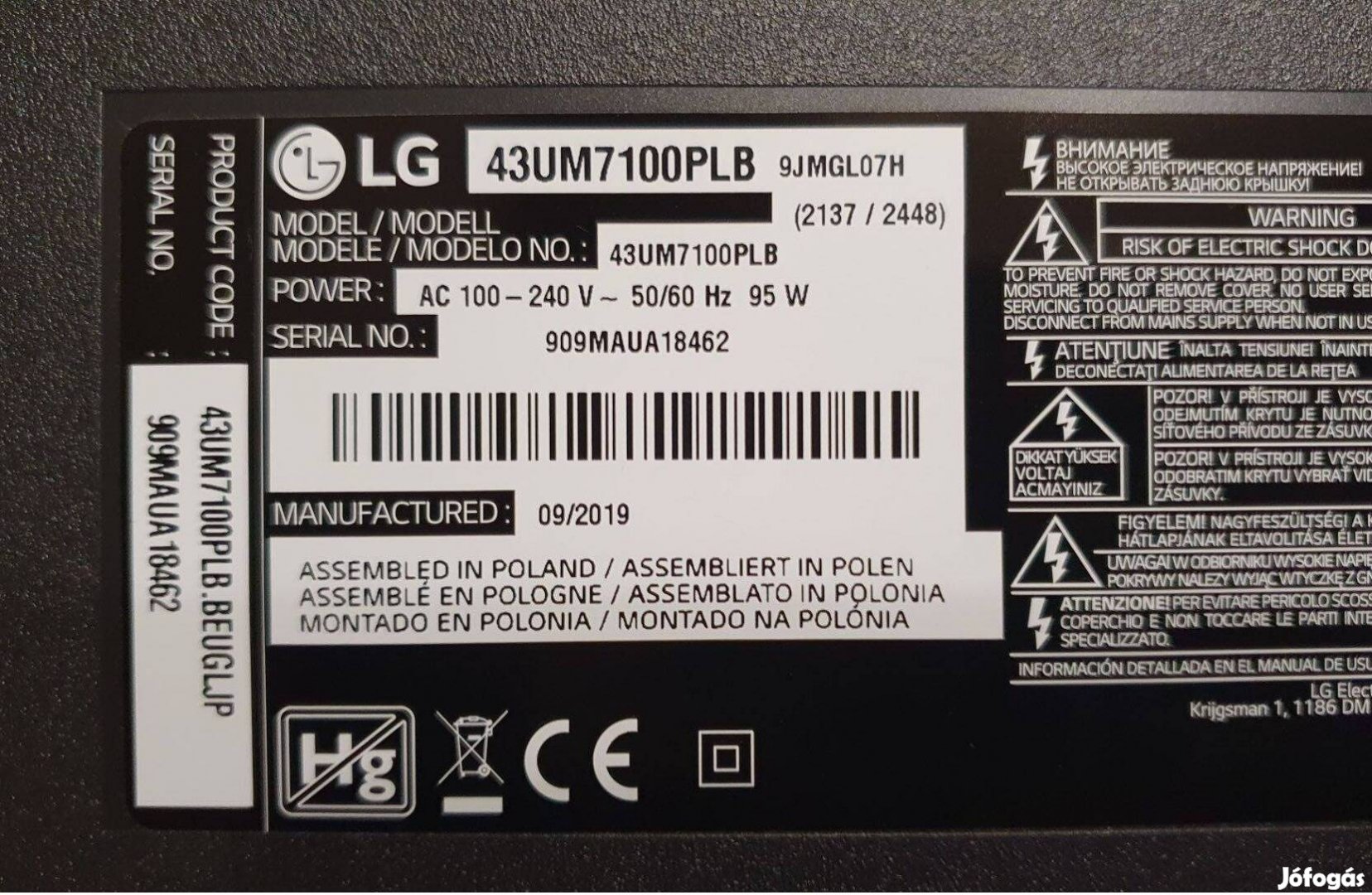 LG 43UM7100PLB LED tv zárlatos kijelző,nem törött! Csak kijelző+háttér