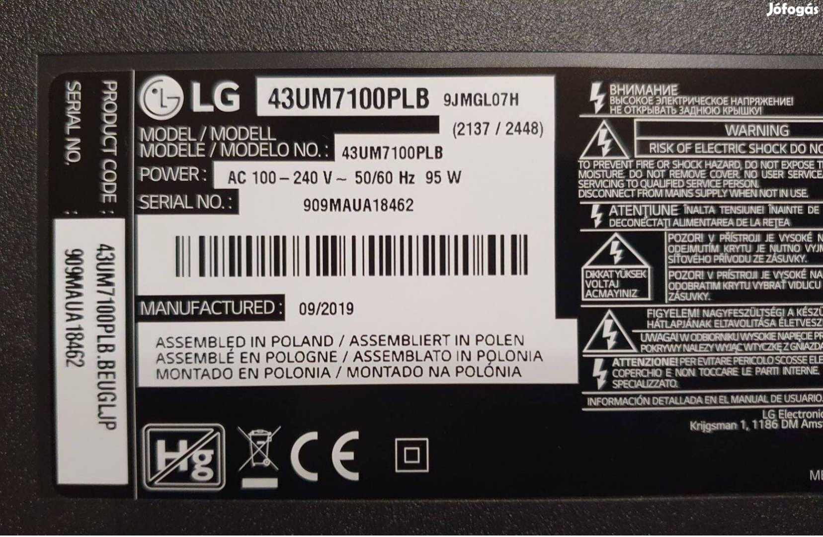 LG 43UM7100PLB LED tv zárlatos,kijelző,nem törött! Csak