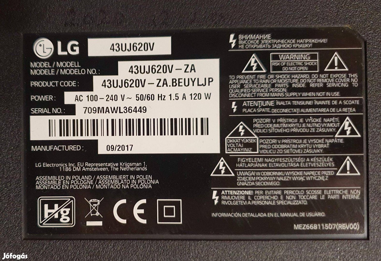 LG 43Uj620V LED LCD tv hibás törött alkatrésznek LJ7 main elkelt!