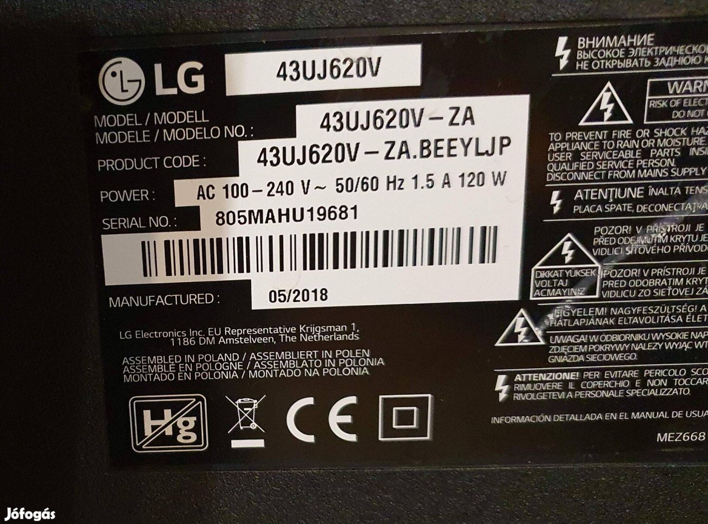 LG 43Uj620V LED tv hibás törött alkatrésznek LJ7 mainboard elkelt!