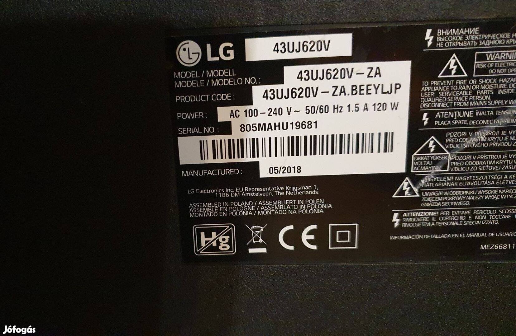 LG 43Uj620V LED tv hibás törött alkatrésznek LJ7 mainboard elkelt!