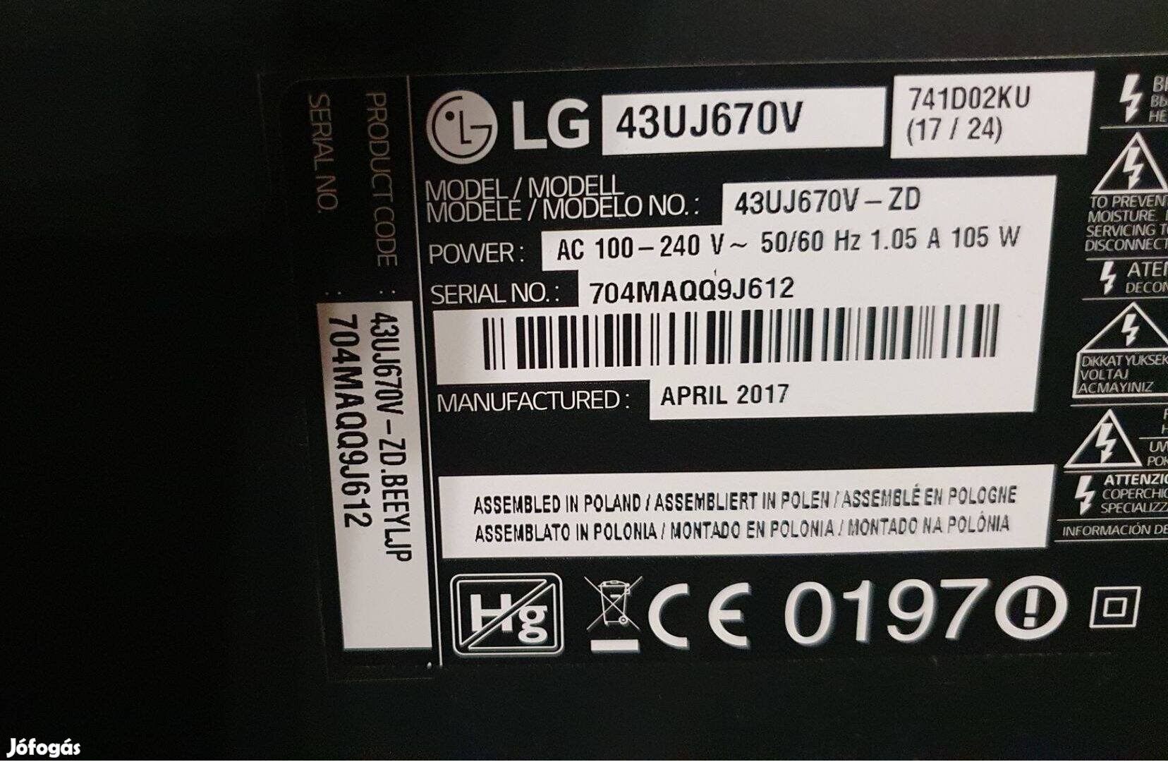 LG 43Uj670V 4K UHD LED tv hibás törött alkatrésznek mainboard elkelt!