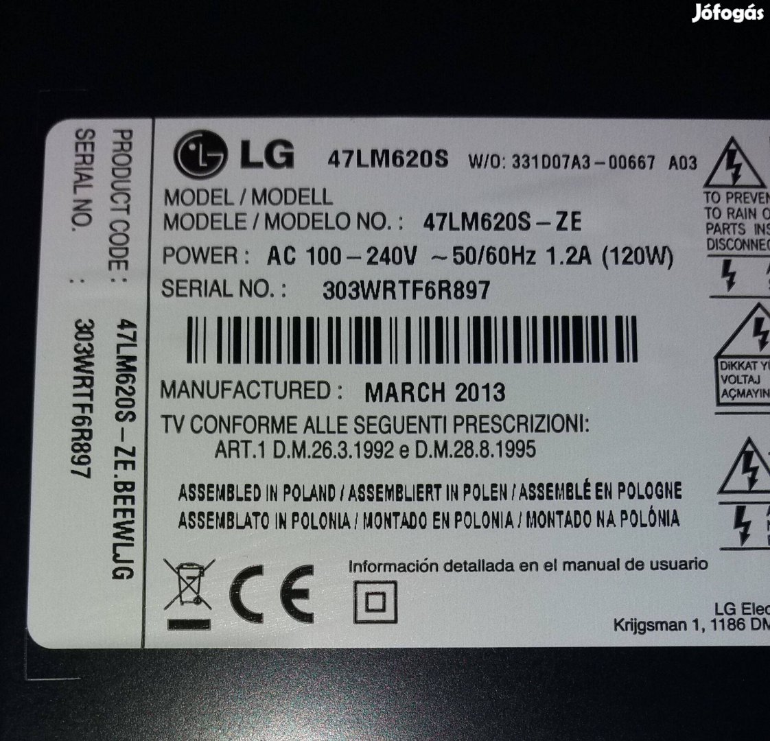 LG 47LM620S LED tv háttér világítás alkatrésznek(csak komplett háttér)