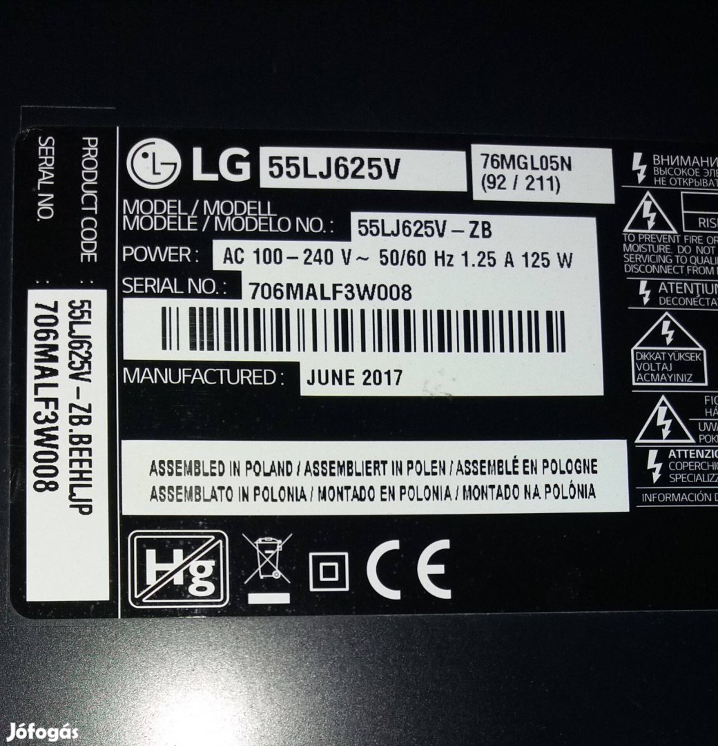 LG 55LJ625V LED LCD tv hibás törött alkatrésznek eladó LJ7 HC550EUN