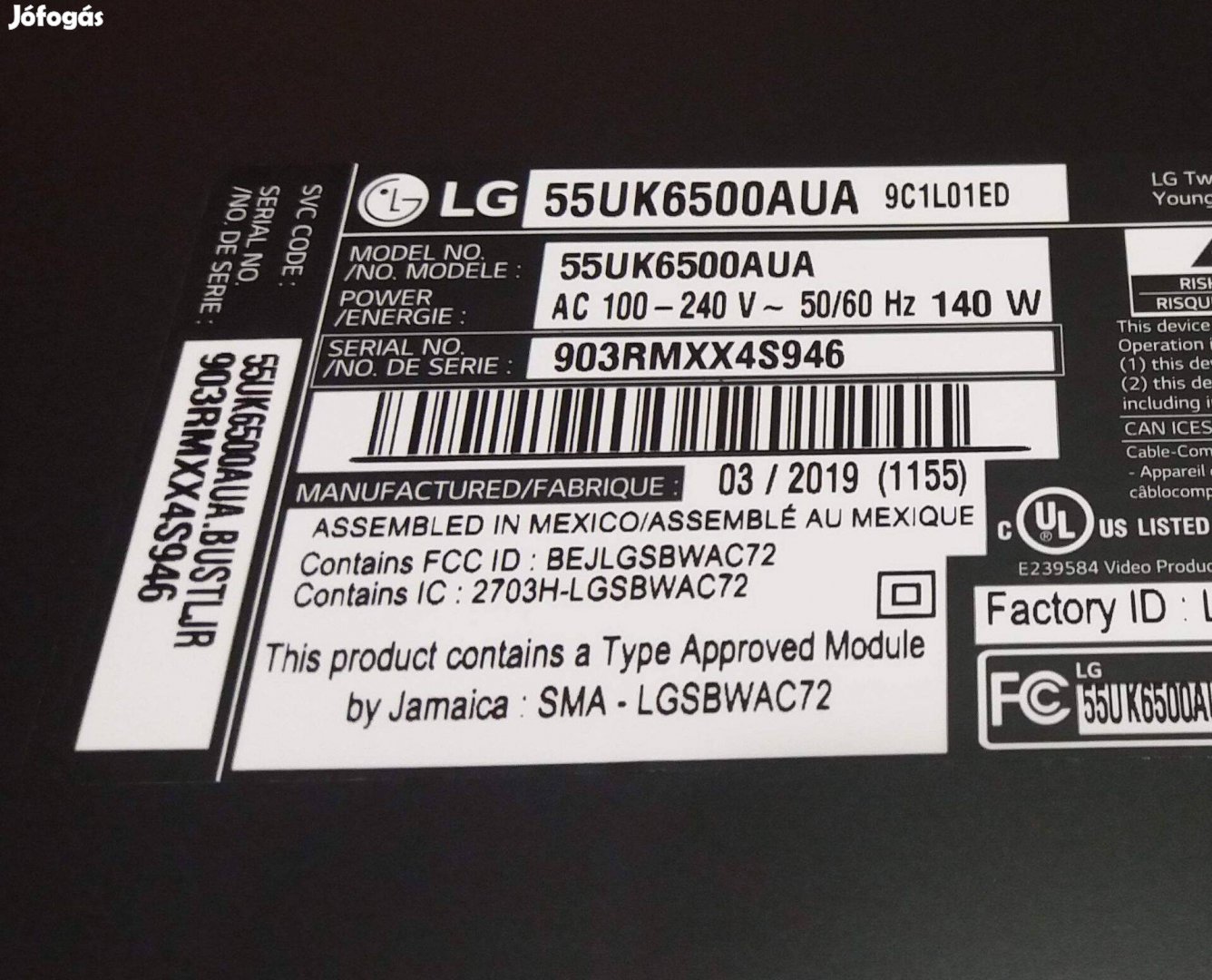 LG 55UK6500AUA LED LCD tv törött alkatrésznek 55UK6500 main elkelt!