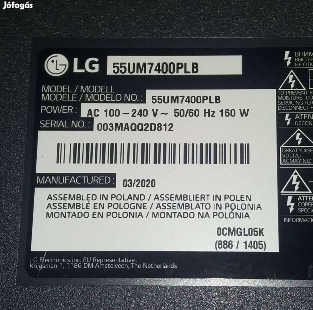 LG 55UM7400PLB LED LCD UHD tv hibás törött mainboard elkelt