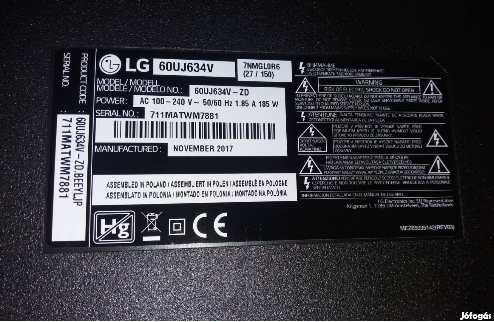 LG 60Uj634V UHD LED tv main board LJ7 ,Tcon 6870C-0744A