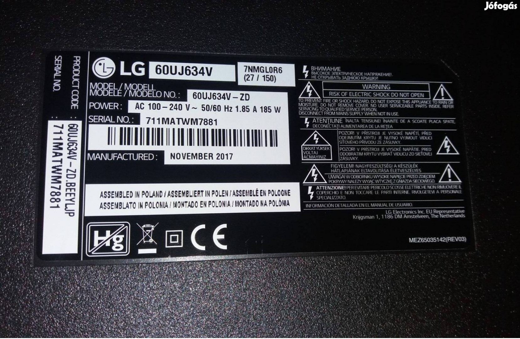 LG 60Uj634V UHD LED tv main board LJ7 ,Tcon 6870C-0744A