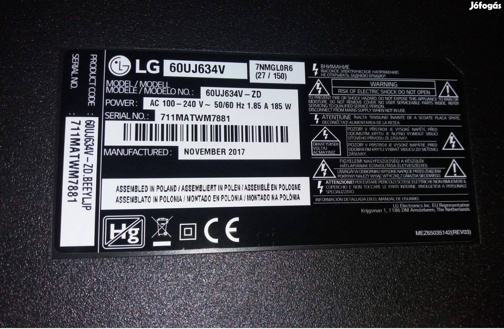 LG 60Uj634V UHD LED tv main board LJ7 ,Tcon 6870C-0744A