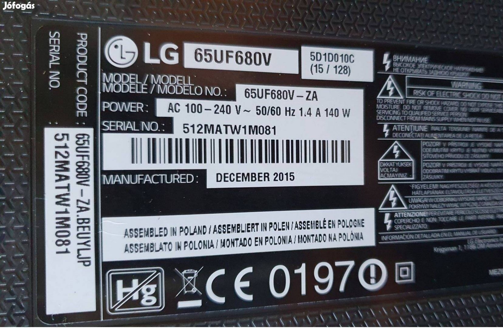 LG 65UF680V LED LCD tv hibás törött alkatrésznek mainboard elkelt