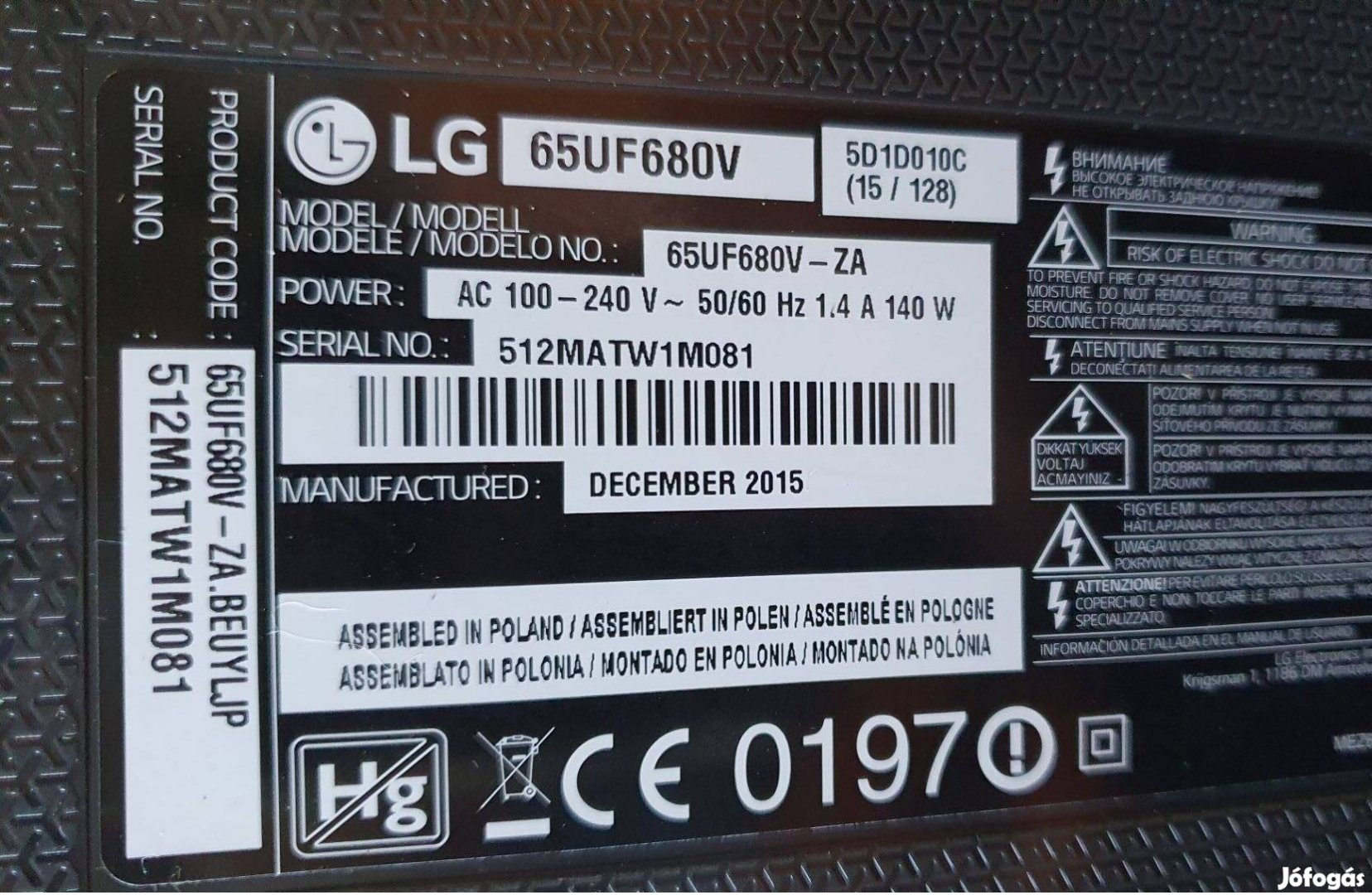 LG 65UF680V LED tv hibás törött, mainboard elkelt 6870C-0547A