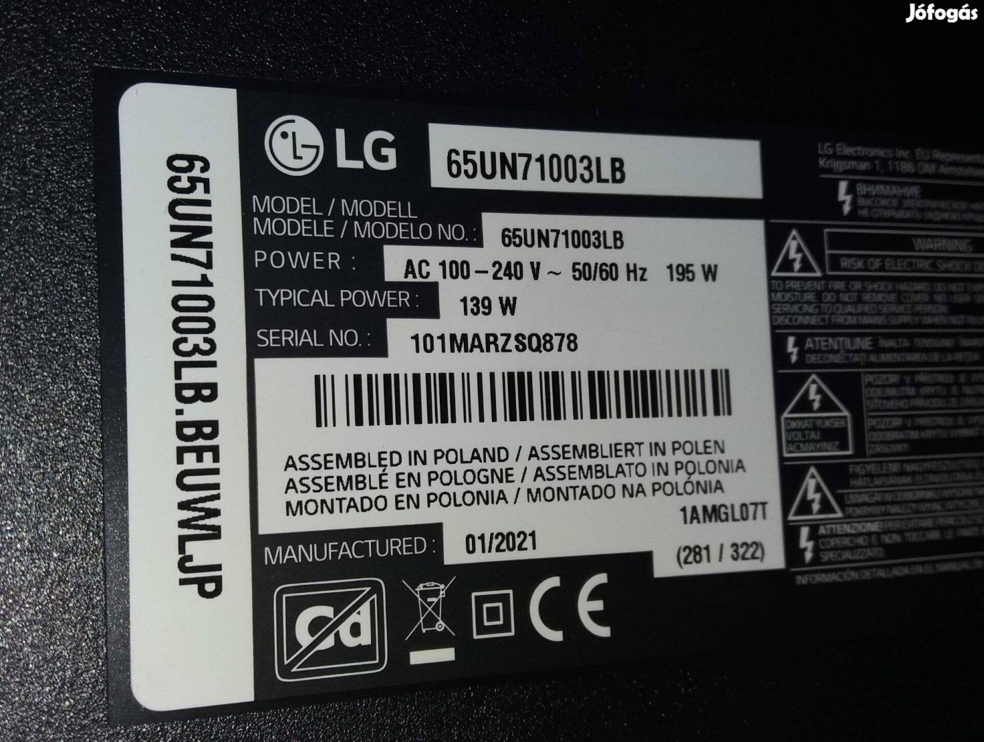 LG 65UN71003LB 4K UHD Smart LED LCD tv hibás törött alkatrésznek