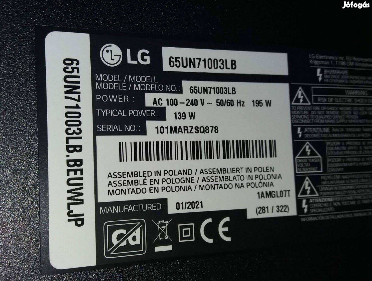 LG 65UN71003LB 4K UHD Smart LED LCD tv hibás törött alkatrésznek LJ20