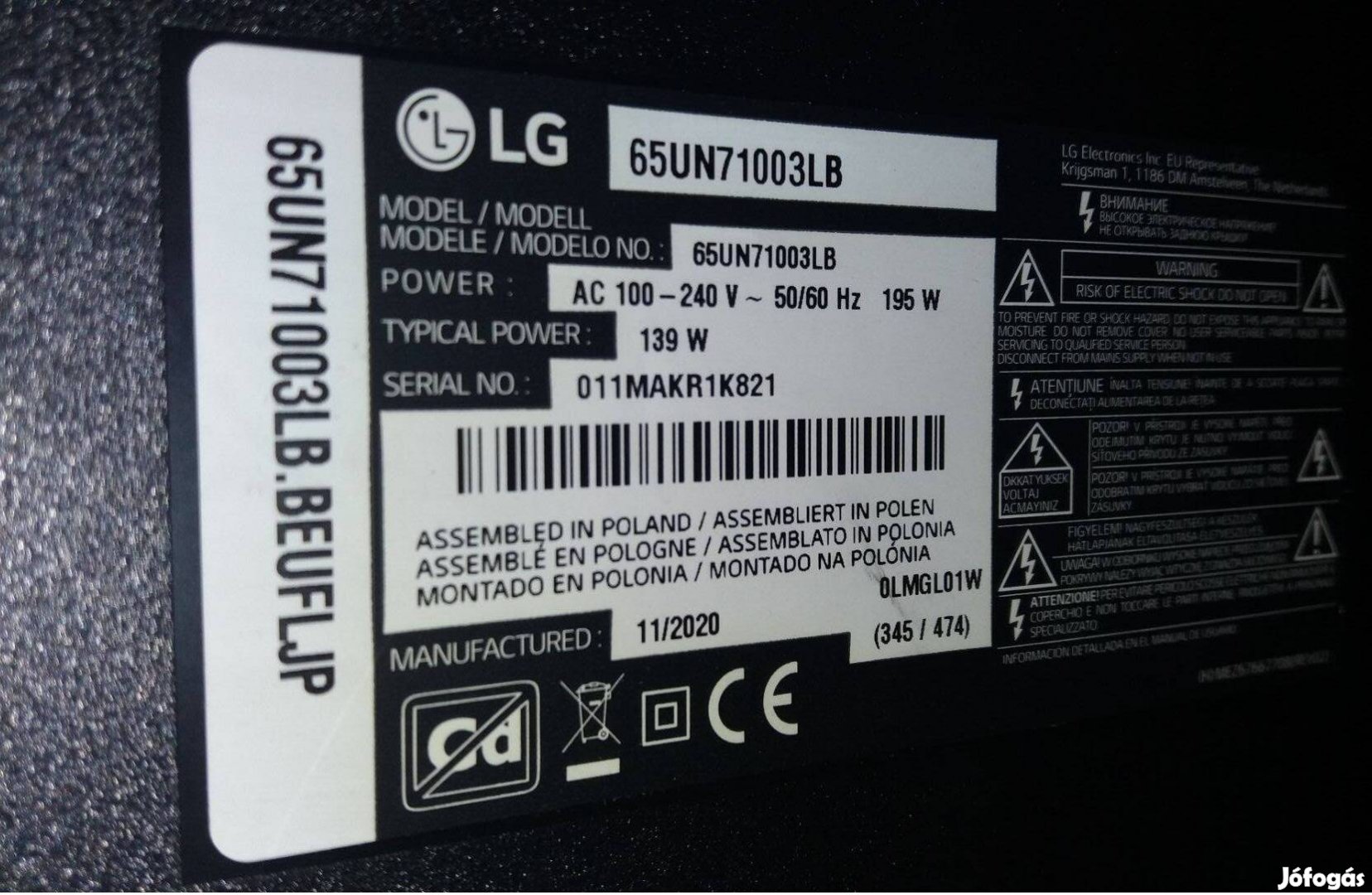 LG 65UN71003LB 4K UHD Smart LED tv hibás törött alkatrésznek LJ20