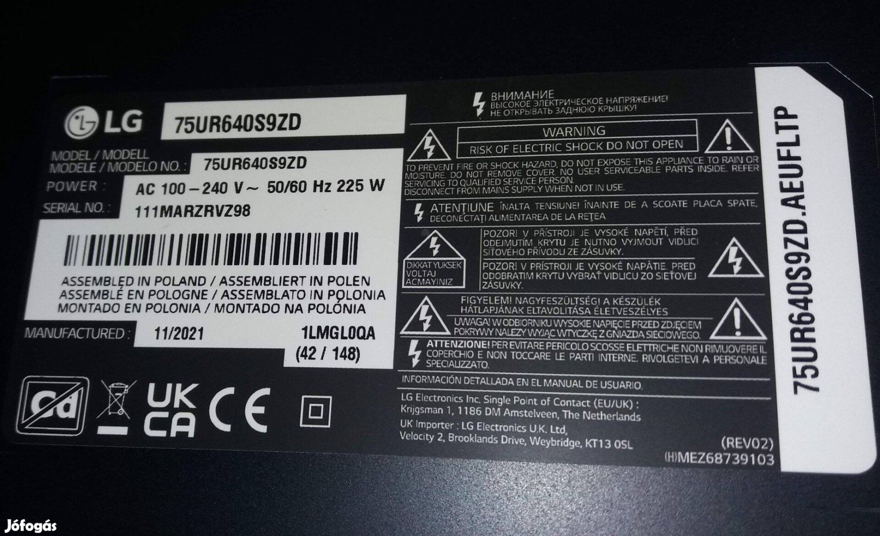 LG 75UR640S9ZD LED LCD tv UHD 4K hibás törött tv alkatrésznek