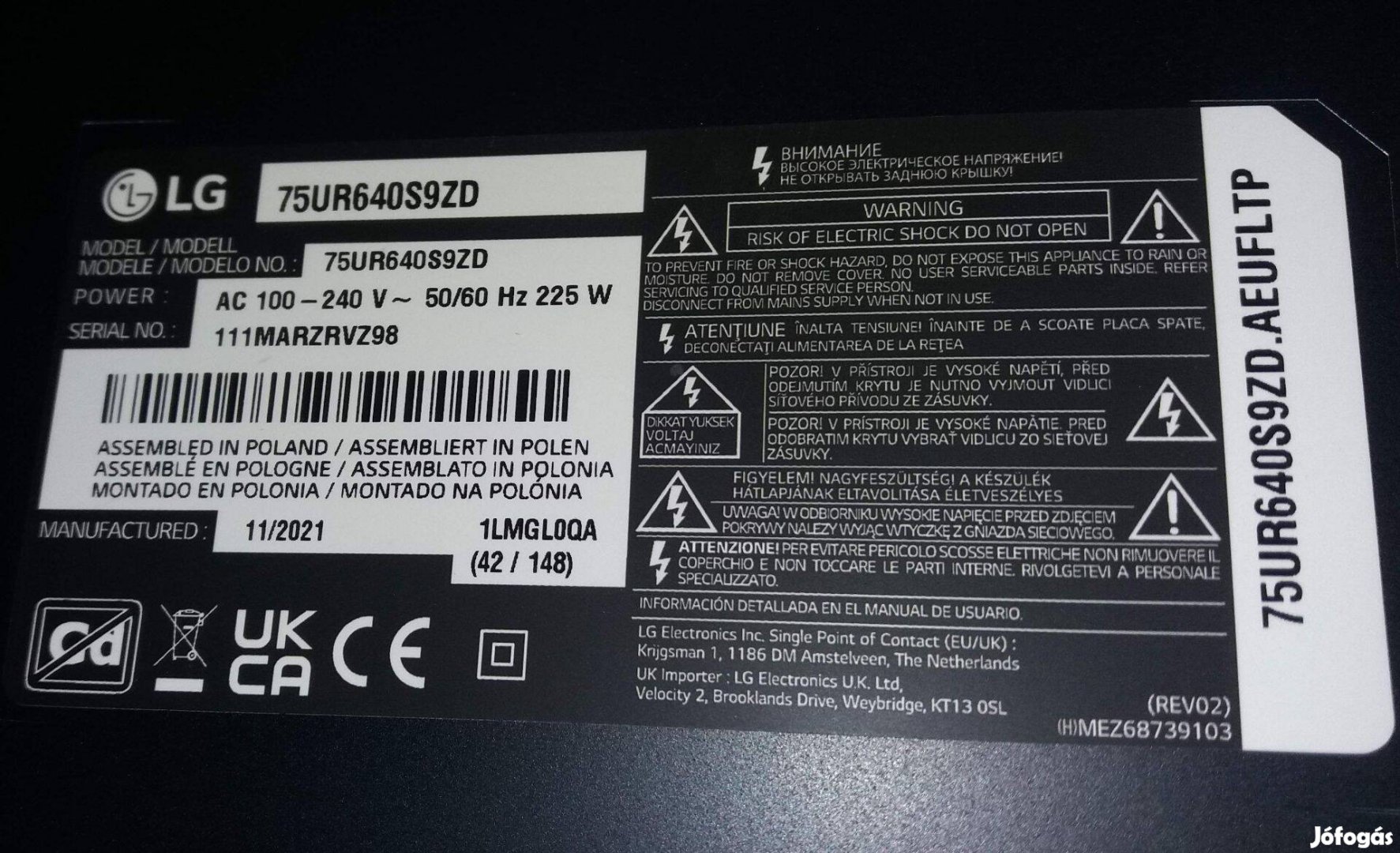 LG 75UR640S9ZD LED LCD tv UHD 4K hibás törött tv alkatrésznek