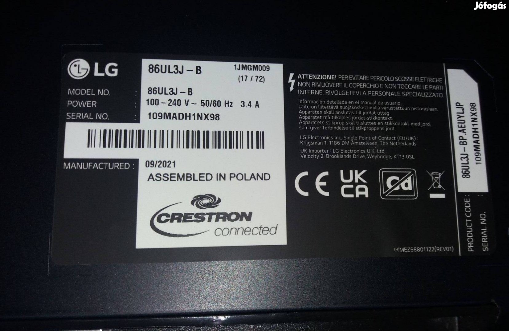 LG 86UL3J-B LED LCD tv display UHD 4K hibás törött tv alkatrésznek