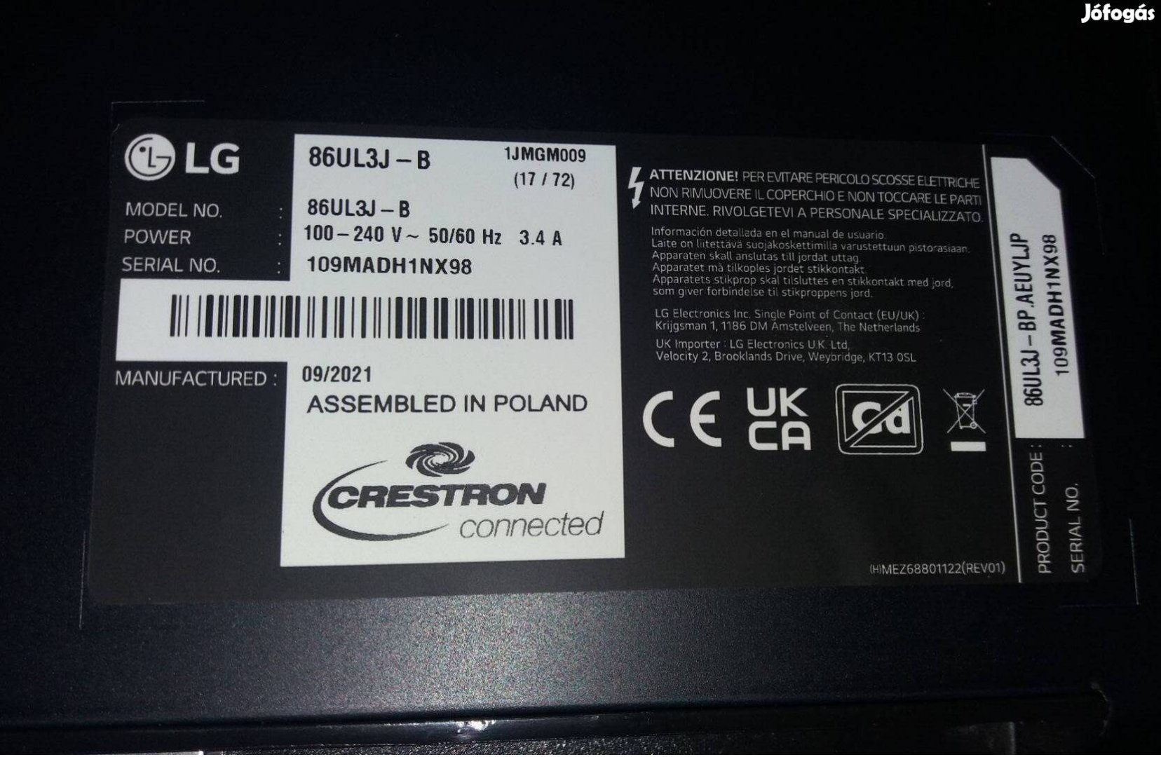 LG 86UL3J-B LED LCD tv display UHD 4K hibás törött tv alkatrésznek