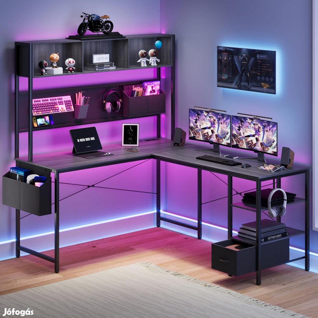 L alakú Gamer asztal, íróasztal 120*48*152cm, fekete LED