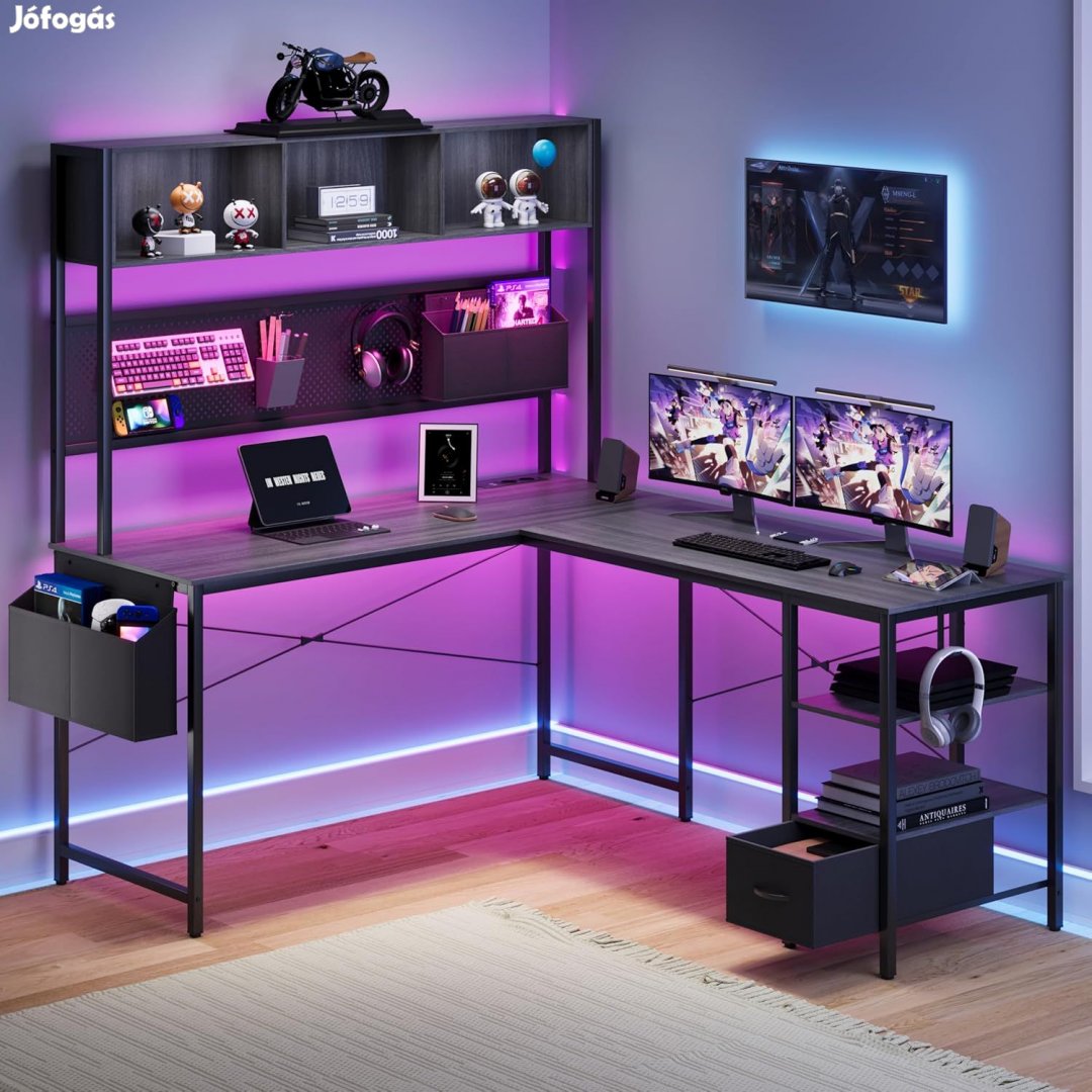 L alakú Gamer asztal, íróasztal 120*48*152cm, fekete LED