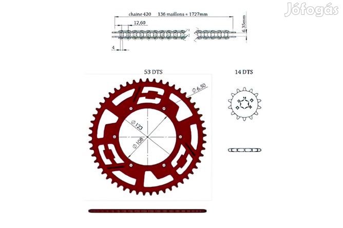 Lánckészlet alumínium piros 14x53 - 420 Doppler Derbi GPR / Aprilia RS