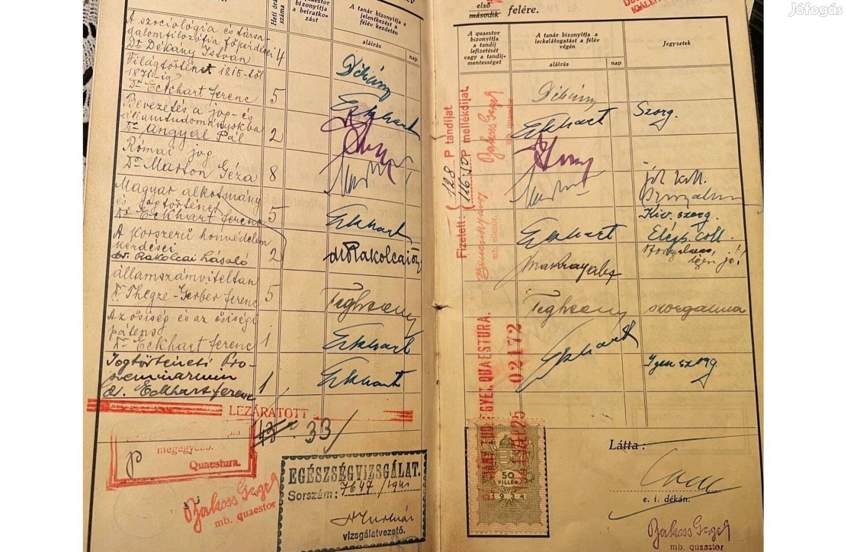 Leckekönyv 1940-es évek a jogi irodalom klasszikusainak aláírásaival