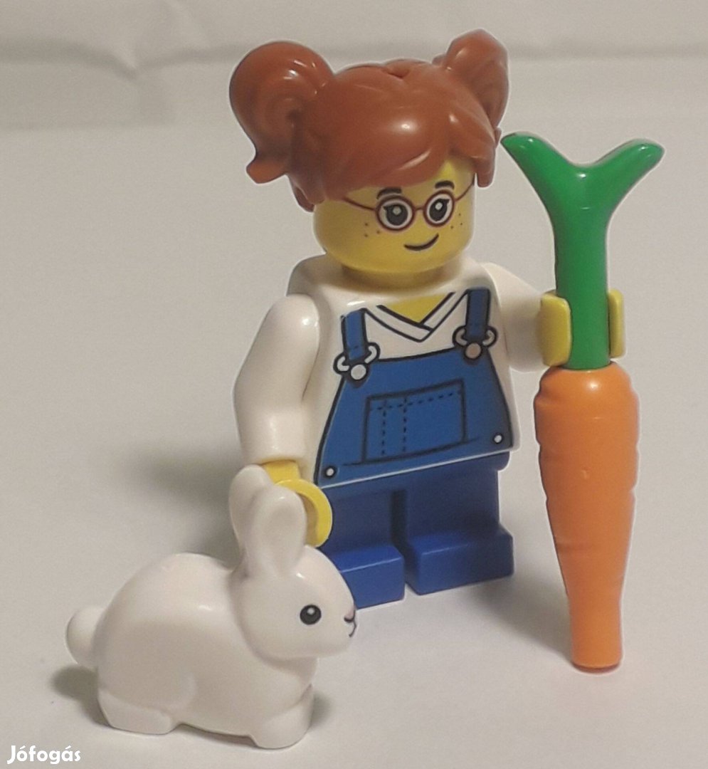 Lego City 60287 Farmer kislány minifigura fehér nyuszival és répával